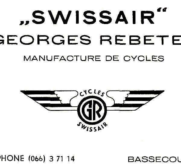 Carte de visite Georges Rebetez, cycles Swissair Bassecourt, 1940 env.